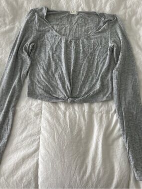 Garage Ribbed Long Sleeve Knot Front Crop Top - Gray